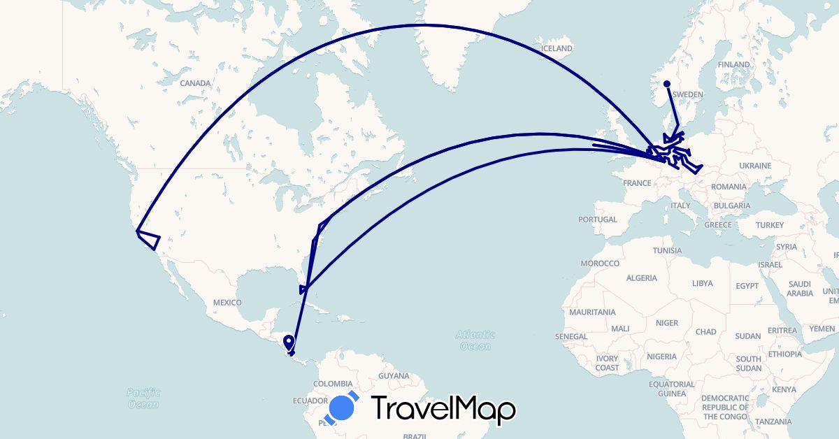 TravelMap itinerary: driving in Austria, Belgium, Costa Rica, Czech Republic, Germany, Denmark, United Kingdom, Ireland, Netherlands, Norway, United States (Europe, North America)